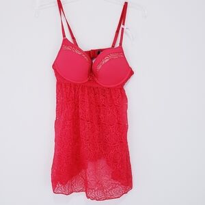 Daisy Fuentes Red Lace Babydoll Teddy Lingerie Floral Lace Size Large NWOT